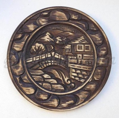 Carved wood plate "The Bridge" - wood carving