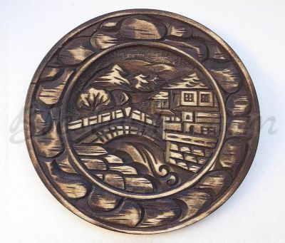 Carved wood plate "The Bridge" - wood carving